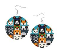 Boucles d'oreilles pendantes en cuir - Visages d'animaux pixel art - Boucles d'oreilles créoles imprimées pour femmes et filles, accessoire parfait pour les fêtes costumées, taille unique, Cuir