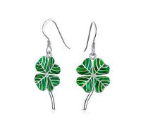 Boucles D'Oreilles Pendantes En Émail Vert Avec Trèfle À Quatre Feuilles Chanceux Irlandais Celtique Pour Femmes Et Adolescentes En Argent Sterling .925 Avec Fil De Pêche.