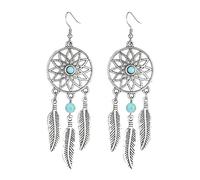 Boucles d'oreilles pendantes en forme d'attrape-rêves bleu turquoise pour femme - Style vintage bohème - Bijoux occidentaux amérindiens - Attrape-rêves, Medium, Zinc, Turquoise synthétique