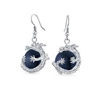 Boucles D'Oreilles Pendantes En Forme De Boule Ronde En Pierre D'Or Céleste Bleue Métallique Avec Dragon Asiatique Chinois Pour Femmes Adolescentes