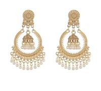 Boucles d'Oreilles Pendantes En Forme De Cercle Creux Avec Pompon Pour Femmes Et Filles - Style Bohème Rétro Indien Jhumki Bell - Fleur Pendante Légère - Disque Rond - Bijoux Cadeaux (Champagne)