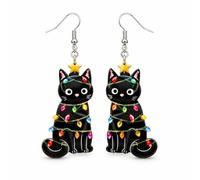 Boucles d'oreilles pendantes en forme de chat de Noël avec lumières | Figurine d'animal noire brillante, étoile dorée, guirlande lumineuse festive, crochet argenté, style de vacances mignon.