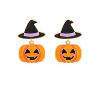Boucles d'oreilles pendantes en forme de citrouille avec chapeau de sorcière pour femmes et filles en émail plaqué or mignon crochet d'Halloween léger hypoallergénique tendance bijoux cadeaux, Émail