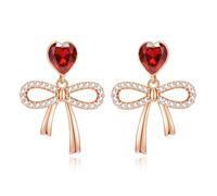 Boucles d'oreilles pendantes en forme de cœur en cristal autrichien avec nœud en ruban plaqué or 14 carats hypoallergénique pour femme, 0.97 inch (L) x 0.72 inch (W), Laiton, Cristal