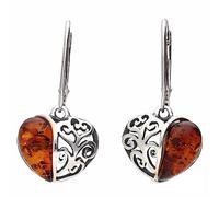 Boucles d'oreilles pendantes en forme de cœur en filigrane et ambre de la Baltique en argent sterling 925 pour femme - Bijoux fantaisie 070125C