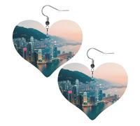 Boucles d'oreilles pendantes en forme de cœur en similicuir avec imprimé Hong Kong