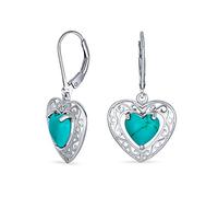 Boucles D'Oreilles Pendantes En Forme De Cœur En Turquoise Stabilisée De Style Balinais Avec Crochet De Poisson Et Motif Ajouré Pour Femmes En Argent Sterling .925