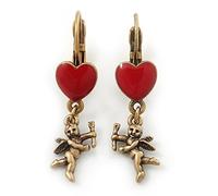 Boucles d'oreilles pendantes en forme de cœur et ange en émail rouge d'inspiration vintage avec fermoir dormeuse, ton or vieilli, 40 mm L