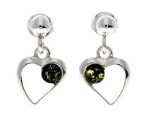 Boucles d'oreilles pendantes en forme de cœurs en argent sterling 925 avec ambre de la Baltique authentique AA005, Argent sterling, Ambre