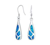 Boucles D'Oreilles Pendantes En Forme De Goutte Avec Incrustation Asymétrique D'Opale Créée Bleue Pour Femmes .925 Argent Sterling Avec Crochet De Poisson 1.5 Inch