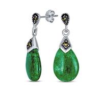 Boucles d'oreilles pendantes en forme de goutte de jade vert authentique en forme de poire avec accent en marcassite Boho Bali pour femmes, en argent sterling oxydé deux tons .925