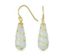 Boucles D'Oreilles Pendantes En Forme De Goutte De Jade Vert Clair Élégantes Et Classiques Pierres Précieuses Authentiques S En Or Jaune 14K Accent Tourbillonnant Torsadé Crochet En Fil D'Argent