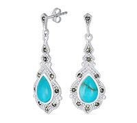 Boucles D'Oreilles Pendantes En Forme De Gouttes De Marcasite Et Turquoise Pour Femmes En Argent Sterling 925 Pierre De Naissance