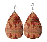 Boucles d'oreilles pendantes en forme de larme légères et tendance, motif carte de l'atlas du monde en briques, boucles d'oreilles en cuir pour femmes