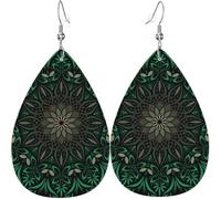 Boucles d'oreilles pendantes en forme de larme pour femmes - Bijoux en cuir - Motif mandala psychédélique géométrique Cannabis, blanc