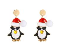 Boucles d'oreilles pendantes en forme de pingouin de Noël pour femme - Pon Pom en fourrure coeur avec strass, boule émaillée, chapeau de Père Noël, boucles d'oreilles bouton, bijoux mignons