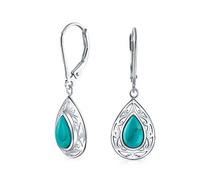 Pendants D'Oreilles En Turquoise Bleu Stabilisée En Forme De Poire Filigrane Pour Femmes En Argent Sterling 925
