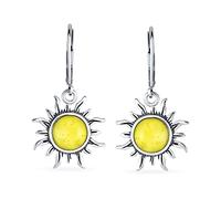 Boucles d'oreilles pendantes en forme de soleil en ambre jaune citron véritable pour femmes, vacances tropicales lune de miel plage lever de soleil, fermoir à levier en argent sterling oxydé .925