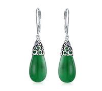 Boucles D'Oreilles Pendantes En Jade Vert Teint Gemme Pour Femmes En Argent Sterling 925