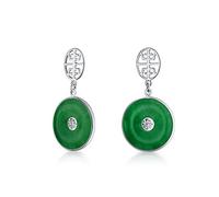 Boucles d'oreilles pendantes en jade vert teinté avec symbole chinois de bonne fortune Fu en forme de cercle style asiatique pour femmes en argent sterling .925