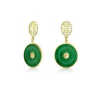 Boucles d'oreilles pendantes en jade vert teinté avec symbole chinois de bonne fortune Fu, style asiatique, cercle rond, pour femmes, plaqué or 14K, argent sterling .925.