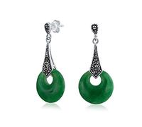 Boucles d'oreilles pendantes en jade vert teinté style asiatique avec marcassite pour femme en argent sterling .925