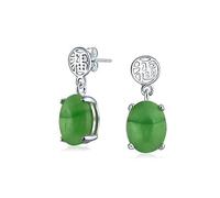 Boucles d'oreilles pendantes en jade vert teinté style asiatique porte-bonheur pour femmes en argent sterling .925