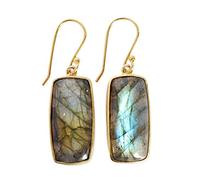 Boucles d'oreilles pendantes en labradorite faites à la main pour femme, 24 x 11 mm, cabochon rectangulaire multicolore dans un sertissage de lunette, boucles d'oreilles longues et légères, cadeau