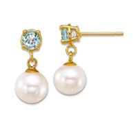 Boucles d'oreilles pendantes en or massif 14 carats avec perles de culture d'eau douce blanches rondes et topaze bleue 7 8 mm de large 16,3 x 7,3 mm de large