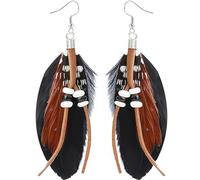 Boucles d'oreilles pendantes en plumes pour femme - Accessoires bohème indiens - Bijoux de costume - Boucles d'oreilles longues plumes avec perles pour carnaval et Halloween (10 cm)
