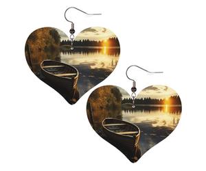 Boucles d'oreilles pendantes en similicuir pour femme - En forme de cœur - Légères - Motif bateau sur la rive du lac - Cadeau de Saint-Valentin, One Size, Pas de pierre précieuse