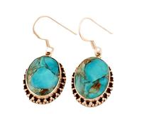 Boucles d'oreilles pendantes en turquoise naturelle bleu cuivré (3,5 x 1,5 mm) | Argent sterling 925 plaqué argent | Pierre ovale, style minimaliste et lisse | Unisexe | LK_RDG_00191