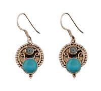 Boucles d'oreilles pendantes en turquoise naturelle et topaze bleue (3 x 2 mm) | Argent sterling 925 plaqué argent | Pierre ronde, style minimaliste et épuré | Unisexe | LK_RDG_00223