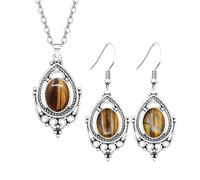 Boucles D'Oreilles Pendantes, Ensembles De Bijoux Pour Femmes Vintage Filigrane Incrustation Ovale Oeil De Tigre Pierre Pendentif Collier Boucles D'Oreilles Pendantes Style Baroque Boucles D'Oreille