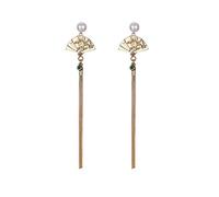 Boucles d'oreilles pendantes et pendantes en forme d'éventail en argent avec pompon en alliage de perles pour femmes