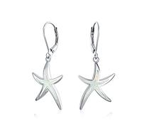 Boucles d'oreilles pendantes étoile de mer en opale créée iridescente blanche pour femmes, incrustation tropicale aquatique nautique de vacances à la plage, en argent sterling .925