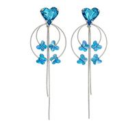 Boucles d'oreilles pendantes faites à la main en forme de cœur bleu et papillon pour femme, boucles d'oreilles pendantes en argent scintillant, bijoux mignons et ludiques pour fête, concert, usage