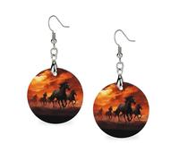 Boucles d'oreilles pendantes géométriques en bois, motif chevaux et nuages rouges lumineux, style vintage rond rétro, pour un usage quotidien, idéales pour un mariage, une fête ou une remise de diplôm