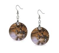 Boucles d'oreilles pendantes géométriques en bois représentant des canards colverts, style vintage, rondes et rétro, à porter au quotidien, idéales pour un mariage, une fête ou une remise de diplômes.