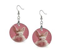 Boucles d'oreilles pendantes géométriques en bois représentant un lapin couronné, style vintage rond et rétro, pour un usage quotidien, une fête de mariage ou une remise de diplôme.