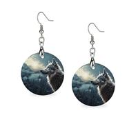 Boucles d'oreilles pendantes géométriques en bois représentant un loup la nuit, style vintage rond rétro, pour un usage quotidien, idéales pour un mariage, une fête ou une remise de diplômes.