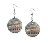 Boucles d'oreilles pendantes géométriques en bois, style vintage rond rétro, inspirées du Colisée romain et du drapeau italien, pour femme. Bijou idéal au quotidien, pour un mariage, une fête ou une r
