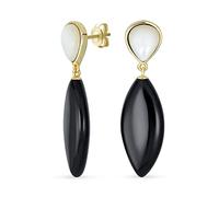 Boucles D'Oreilles Pendantes Géométriques Linéaires En Forme De Losange En Onyx Noir Blanc Pour Femmes En Plaqué Or Jaune 14K