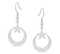 Boucles d'oreilles pendantes islamiques Ayatul Kursi en forme de croissant de lune et d'étoile - Calligraphie arabe musulmane - Bijoux Allah en acier inoxydable - Cadeau pour femme, One Size, Acier