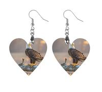 Boucles d'oreilles pendantes légères en bois avec aigle à tête blanche et coucher de soleil doré pour femme - Boucles d'oreilles pendantes géométriques vintage en forme de cœur rétro à porter au