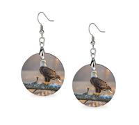 Boucles d'oreilles pendantes légères en bois avec aigle à tête blanche et coucher de soleil doré pour femme - Boucles d'oreilles pendantes géométriques vintage rondes rétro à porter au quotidien