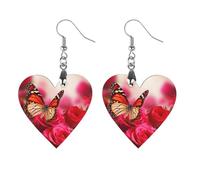 Boucles d'oreilles pendantes légères en bois avec roses rouges et papillons pour femme - Boucles d'oreilles ethniques géométriques en forme de cœur vintage rétro - Cadeau pour un usage quotidien, une