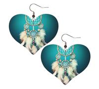 Boucles d'oreilles pendantes légères en cuir avec attrape-rêves en forme de cœur et plumes blanches