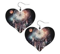 Boucles d'oreilles pendantes légères en cuir avec attrape-rêves et étoiles pour femme - En forme de cœur