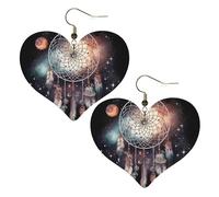 Boucles d'oreilles pendantes légères en cuir avec attrape-rêves et étoiles pour femme - En forme de cœur